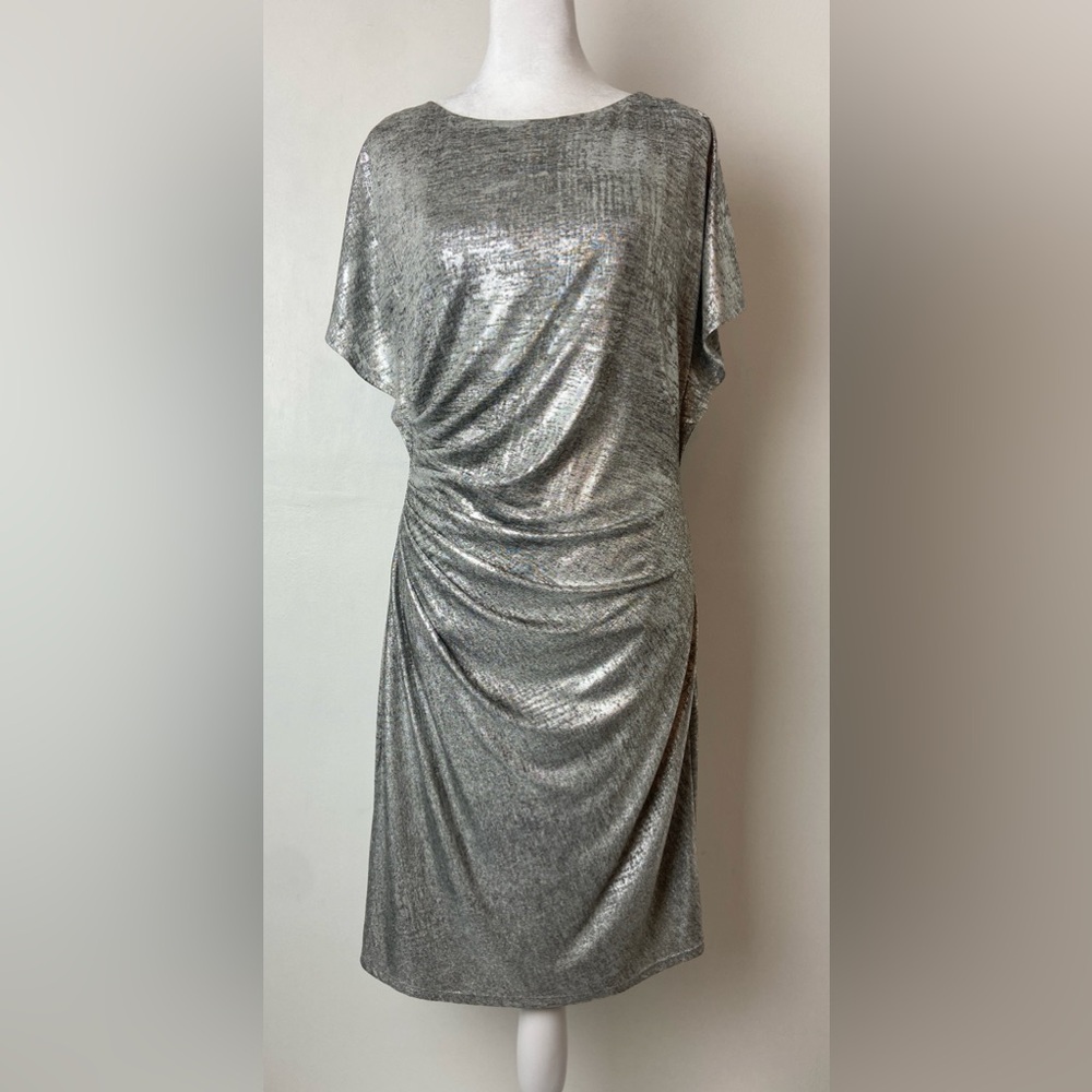 Vince Camuto Womens Silver Metallic Ruched Waist Mini Dress Size 12